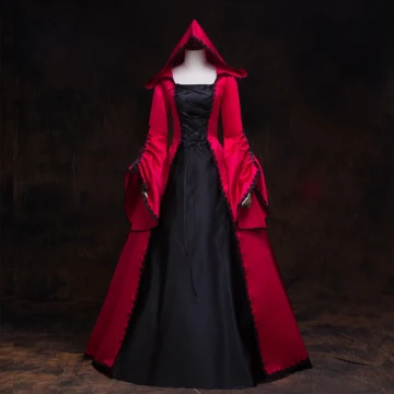 Vintage Middeleeuws Gotische Rode Zwarte Baljurk Galajurken 2021 Vierkante Halslijn Lange Mouwen Lange Kanten Satijn Cosplay Gala Gelegenheid Jurken