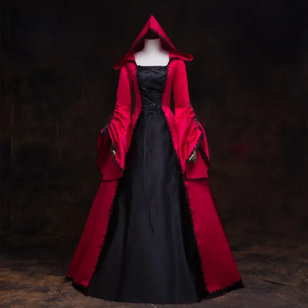 Vintage / Retro Medieval Gothic Red Black Ball Gown Prom Dresses 2021 Square Neckline Long Sleeve Floor-Length / Long Lace Satin Cosplay Prom Formal Dresses