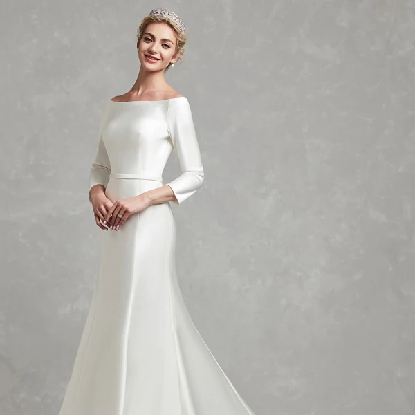 Classic Elegant White Wedding Dresses 2020 Trumpet / Mermaid Off-The-Shoulder Long Sleeve Satin Covered Button Sweep Train Wedding