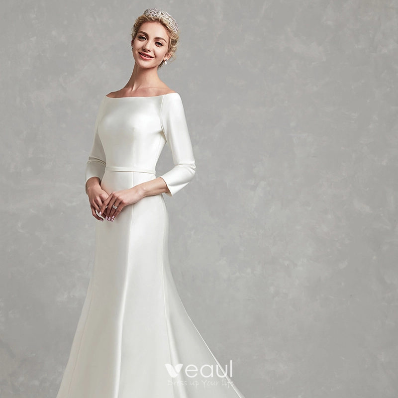 Trumpet Mermaid Satin Long Sleeves Button Wedding Dress