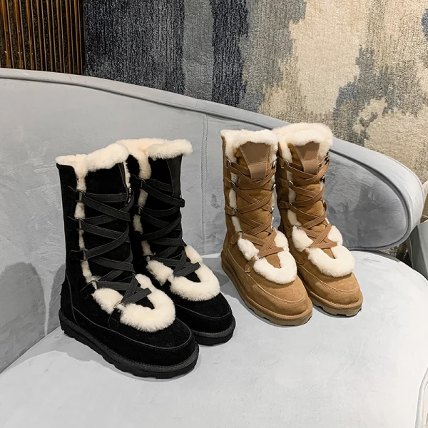 Klassieke Twee kleuren Zwarte Snowboots 2020 Suede X-Strap Winter Wollen Leer Mid Kalf Toevallig Tuin / Outdoor Ronde Neus Dames Laarzen