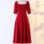Chic / Beautiful Red Plus Size Evening Dresses  2020 A-Line / Princess V-Neck 1/2 Sleeves Buttons Handmade  Solid Color Evening Party Outdoor / Garden Summer Tea-length Formal Dresses