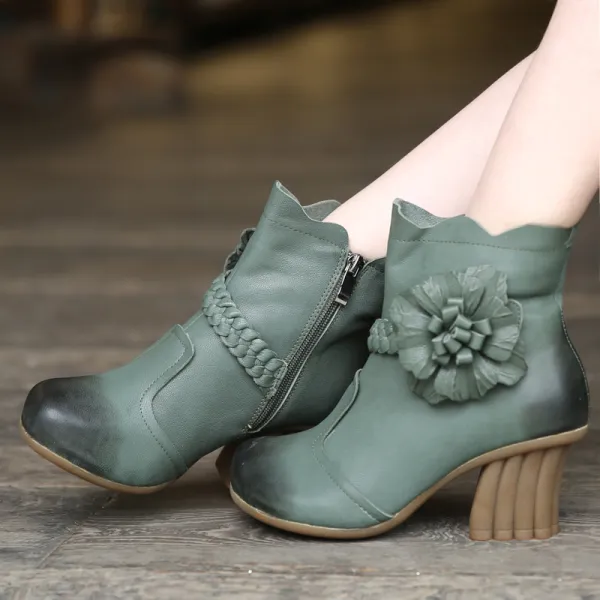 Chic / Beautiful 2017 8 cm / 3 inch Green Royal Blue Casual Outdoor / Garden Leather Spring Appliques High Heels Thick Heels Boots Womens Shoes