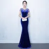 Classic Elegant Navy Blue Evening Dresses  2017 Trumpet / Mermaid U-Neck Backless Beading Handmade  Polyester Evening Party Formal Dresses