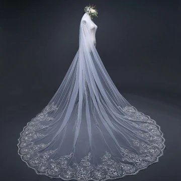 Abordable Blanche Royal Train Mariage Tulle En Dentelle Appliques Voile De Mariée 2018
