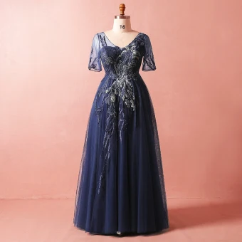 Modest Simple Navy Blue Plus Size Evening Dresses 2018 Summer V Neck 1 2 Sleeves A Line Princess Tulle Lace Crossed Straps Appliques Backless Beading Evening Party Formal Dresses