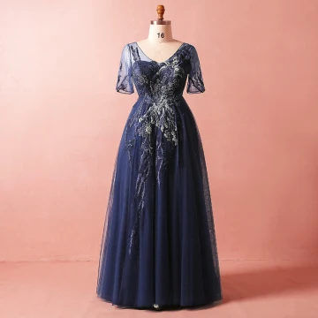 Modest Simple Navy Blue Plus Size Evening Dresses 2018 Summer V Neck 1 2 Sleeves A Line Princess Tulle Lace Crossed Straps Appliques Backless Beading Evening Party Formal Dresses