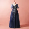 Modest / Simple Navy Blue Plus Size Evening Dresses  2018 Summer V-Neck 1/2 Sleeves A-Line / Princess Tulle Lace Crossed Straps Appliques Backless Beading Evening Party Formal Dresses