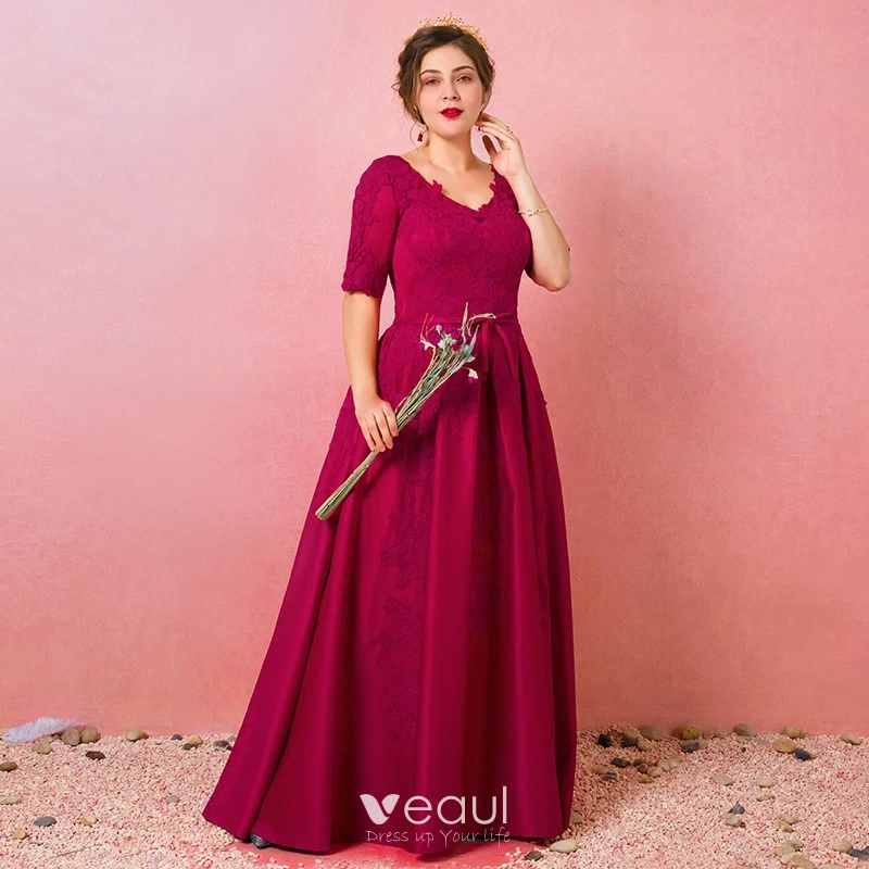 Modest Simple Burgundy Plus Size Evening Dresses 2018 A Line Princess 1 2 Sleeves Lace Tulle U Neck Appliques Backless Evening Party Formal Dresses