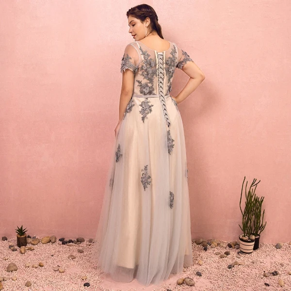 Luxury / Gorgeous Grey Plus Size Evening Dresses 2018 A-Line / Princess U-Neck Tulle Lace-up Ankle Strap Appliques Backless Evening Party Prom Dresses