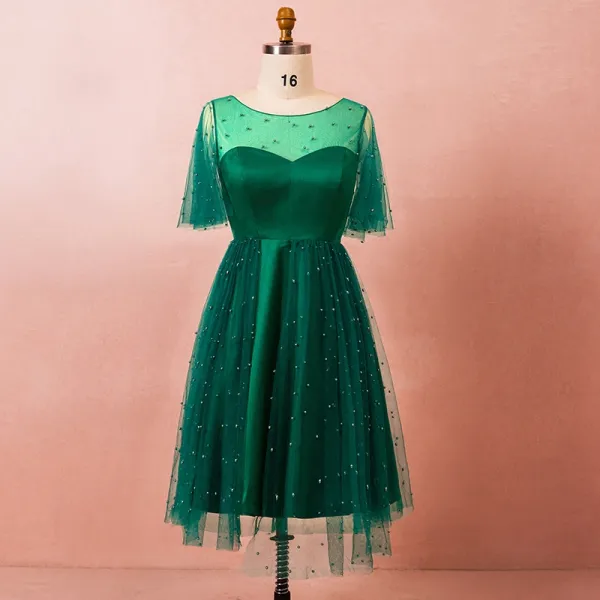 Classic Elegant Dark Green Plus Size Graduation Dresses 2018 U-Neck Tulle A-Line / Princess Backless Beading Homecoming Formal Dresses