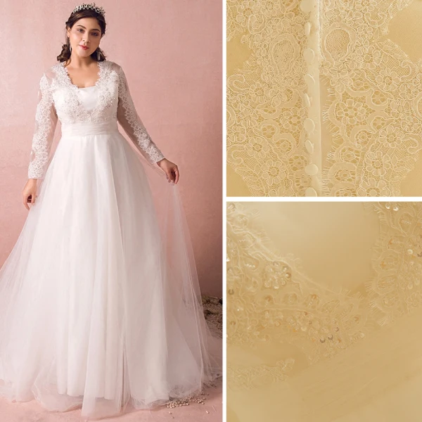 Schöne Weiß Brautkleider 2017 A Linie Lange Ärmel Spitze V-Ausschnitt Applikationen Rückenfreies Perlenstickerei Pailletten Hochzeit