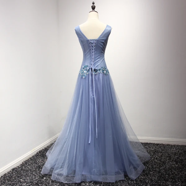 Chic / Beautiful Lavender Evening Dresses  2017 A-Line / Princess V-Neck Tulle Appliques Backless Beading Sequins Evening Party Formal Dresses