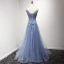 Chic / Beautiful Lavender Evening Dresses  2017 A-Line / Princess V-Neck Tulle Appliques Backless Beading Sequins Evening Party Formal Dresses