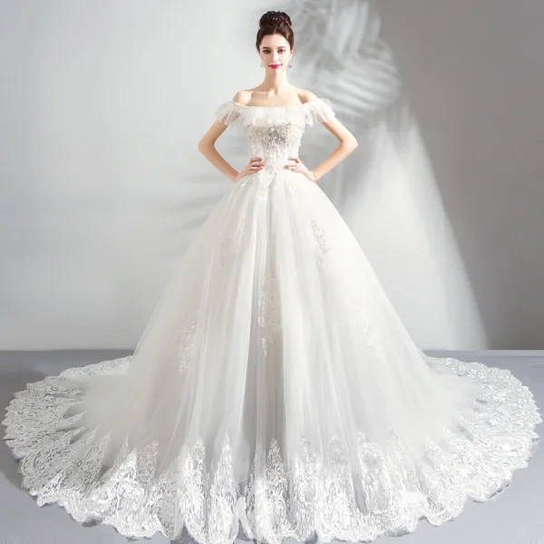 Luxury / Gorgeous White Cathedral Train Wedding 2018 Tulle Lace-up ...