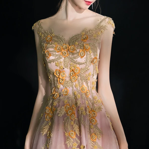 Amazing / Unique Blushing Pink Short Graduation Dresses 2018 Appliques Backless Crystal Tulle V-Neck Evening Party Sleeveless A-Line / Princess Formal Dresses
