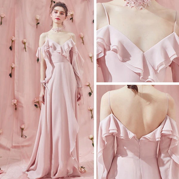 Amazing / Unique Sweep Train Blushing Pink Evening Dresses 2018 A-Line / Princess V-Neck Chiffon Long Sleeve Puffy Backless Formal Dresses