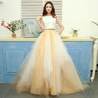 2 Piece Gold Prom Dresses 2017 A Line Princess U Neck Tulle Sleeveless Embroidered Evening Party Formal Dresses