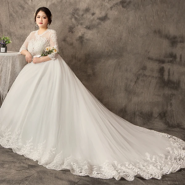 Unique Weiß Übergröße Ballkleid Brautkleider / Hochzeitskleider 2019 Tülle Spitze U-Ausschnitt Applikationen Rückenfreies Handgefertigt Kapelle-Schleppe Hochzeit