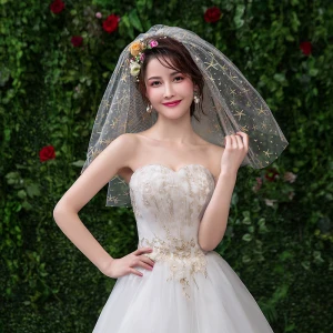 Brillante Bling Bling Oro Boda Apliques De Encaje Tul Cortos Velo De Novia 2019