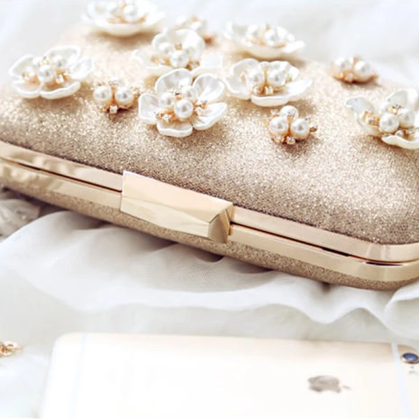 Chic / Beautiful Gold Clutch Bags Beading Flower Pearl Rhinestone Wedding Evening Party Accessories 2019