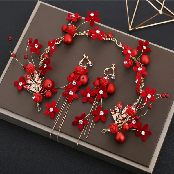 Snygga / Fina Röd Hårsmycken Örhängen 2019 Beading Rhinestone Bröllop Bal Tillbehör