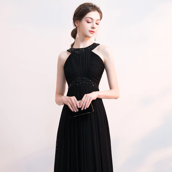 Amazing / Unique Black Evening Dresses 2018 Floor-Length / Long Chiffon Halter Beading Appliques Rhinestone Red Carpet Dating Trumpet / Mermaid Formal Dresses