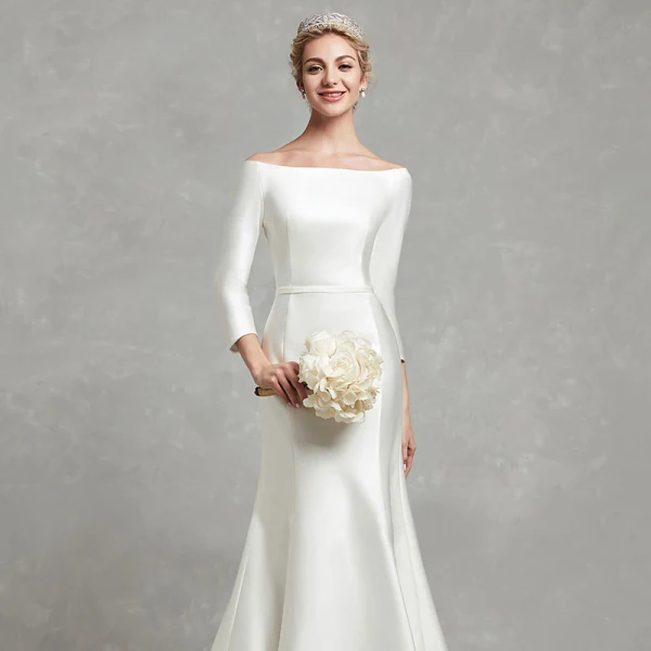 Classic Elegant White Wedding Dresses 2020 Trumpet / Mermaid Off-The-Shoulder Long Sleeve Satin Covered Button Sweep Train Wedding