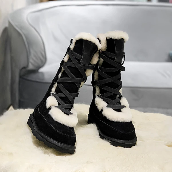 Klassieke Twee kleuren Zwarte Snowboots 2020 Suede X-Strap Winter Wollen Leer Mid Kalf Toevallig Tuin / Outdoor Ronde Neus Dames Laarzen
