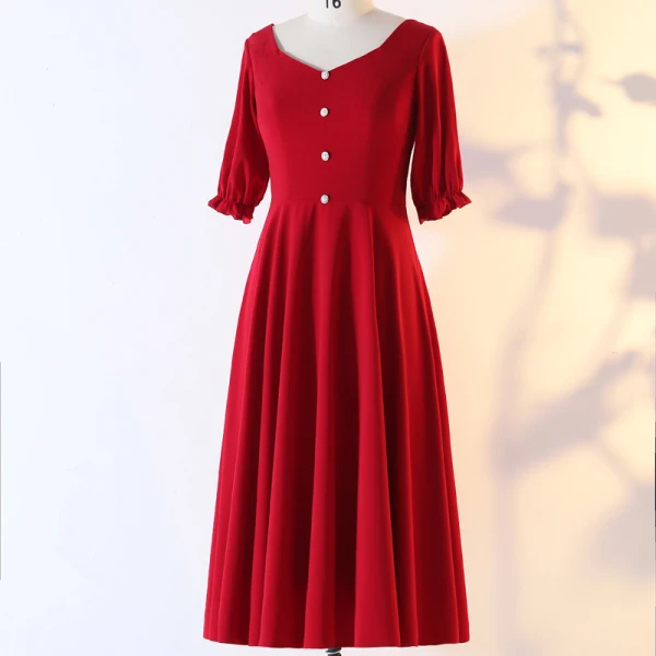 Chic / Beautiful Red Plus Size Evening Dresses 2020 A-Line / Princess V-Neck 1/2 Sleeves Buttons Handmade Solid Color Evening Party Outdoor / Garden Summer Tea-length Formal Dresses