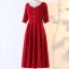 Chic / Beautiful Red Plus Size Evening Dresses  2020 A-Line / Princess V-Neck 1/2 Sleeves Buttons Handmade  Solid Color Evening Party Outdoor / Garden Summer Tea-length Formal Dresses