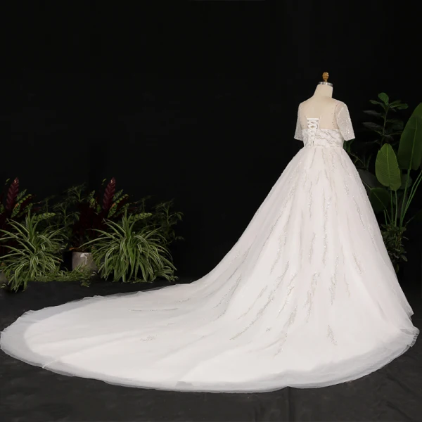Stunning Glitter Ivoor Grote Maat Baljurk Trouwjurken 2021 U-hals Kanten Tule Satijn 1/2 Mouwen Ruglooze Handgemaakt Kralen Rhinestone Pailletten Glans Chapel Train Huwelijk