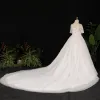 Stunning Sparkly Ivory Plus Size Ball Gown Wedding Dresses 2021 U-Neck Lace Tulle Satin 1/2 Sleeves Backless Handmade  Beading Rhinestone Sequins Glitter Chapel Train Wedding