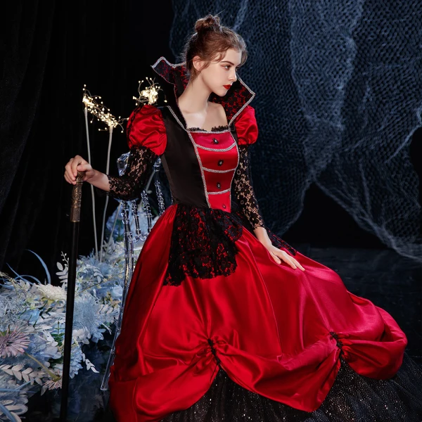 Vintage / Retro Medieval Gothic Bling Bling Red Ball Gown Prom Dresses 2021 Long Sleeve Square Neckline Floor-Length / Long Beading Flower Sequins Lace Cosplay Prom Formal Dresses