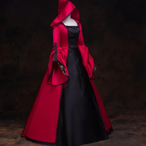 Vintage / Retro Medieval Gothic Red Black Ball Gown Prom Dresses 2021 Square Neckline Long Sleeve Floor-Length / Long Lace Satin Cosplay Prom Formal Dresses