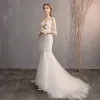 Amazing / Unique White Trumpet / Mermaid Wedding Dresses 2019 Lace Tulle Appliques Backless Embroidered Strapless Court Train Church Wedding