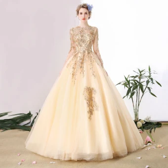 Luxus Herrlich A Linie Brautkleider 2017 Champagner Gekreuzte Träger Riemchen Kapelle Schleppe Organza Rundhalsausschnitt Hochzeit Lange Ärmel