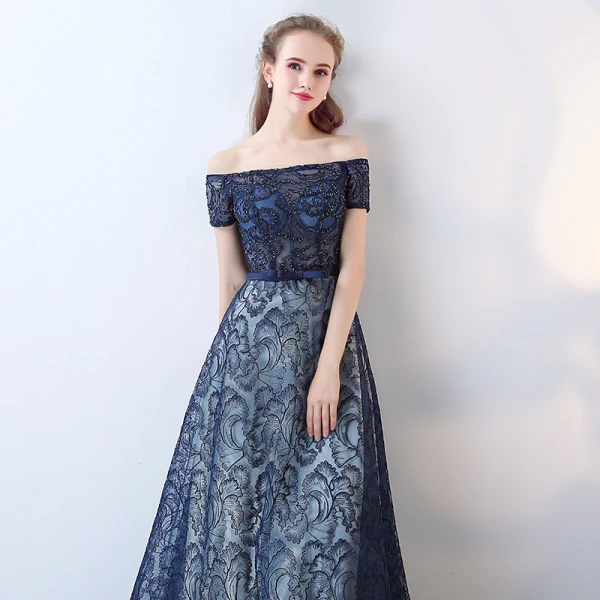 Schöne Marineblau Ballkleider 2017 Bandeau Mit Spitze Applikationen Rückenfreies Stickerei Riemchen Drucken Abendkleider