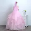 Piękne 2017 Rumieniąc Różowy Suknie Ślubne Koronkowe Aplikacje Bez Pleców Gorset Wiązane Princessa Ślub Sukienki Na Bal