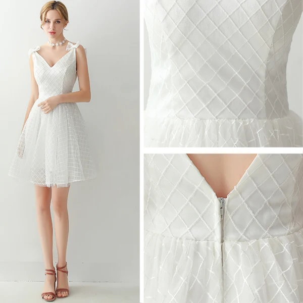 Sparkly White Graduation Dresses 2018 A-Line / Princess Tulle V-Neck  Striped Backless Homecoming Formal Dresses