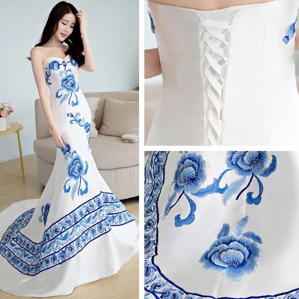 Chinese style Royal Blue Chapel Train Evening Dresses  2018 Trumpet / Mermaid Charmeuse Appliques Printing Strapless Evening Party Formal Dresses