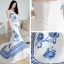 Chinese style Royal Blue Chapel Train Evening Dresses  2018 Trumpet / Mermaid Charmeuse Appliques Printing Strapless Evening Party Formal Dresses