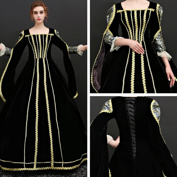 Vintage / Retro Black Floor-Length / Long Prom Dresses 2018 Lace-up 3/4 Sleeve U-Neck Printing Prom Ball Gown Evening Dresses