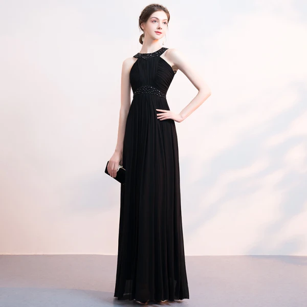 Amazing / Unique Black Evening Dresses 2018 Floor-Length / Long Chiffon Halter Beading Appliques Rhinestone Red Carpet Dating Trumpet / Mermaid Formal Dresses