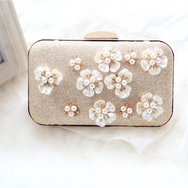 Chic / Beautiful Gold Clutch Bags Beading Flower Pearl Rhinestone Wedding Evening Party Accessories 2019