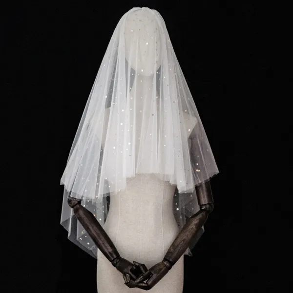 Chic / Beautiful Bling Bling Ivory Short Star Wedding Veils Sequins Starry Sky Chiffon Wedding Accessories 2019