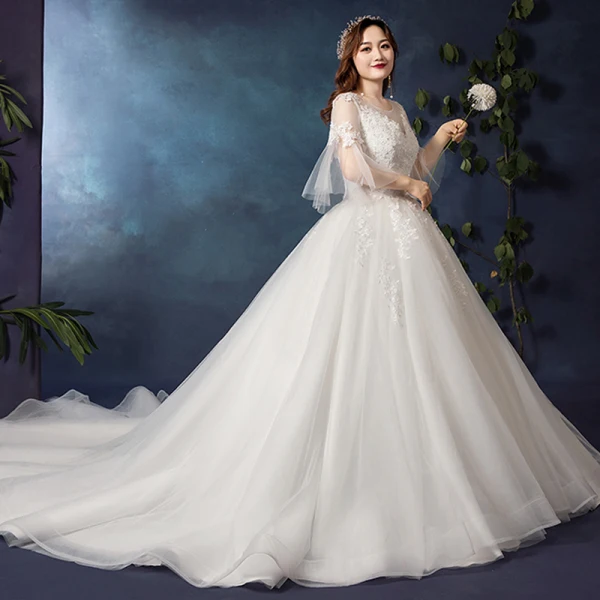 Simple Blanche Grande Taille Robe De Mariée 2019 Tulle Appliques Dos Nu Perlage Fait main Chapel Train