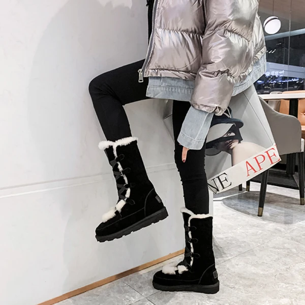 Klassieke Twee kleuren Zwarte Snowboots 2020 Suede X-Strap Winter Wollen Leer Mid Kalf Toevallig Tuin / Outdoor Ronde Neus Dames Laarzen