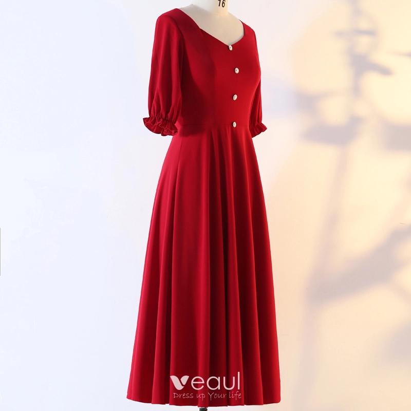 Chic / Beautiful Red Plus Size Evening Dresses 2020 A-Line / Princess V-Neck 1/2 Sleeves Buttons Handmade Solid Color Evening Party Outdoor / Garden Chic / Beautiful Red Plus Size Evening Dresses 2020 A-Line / Princess V-Neck 1/2 Sleeves Buttons Handmade Solid Color Evening Party Outdoor / Garden