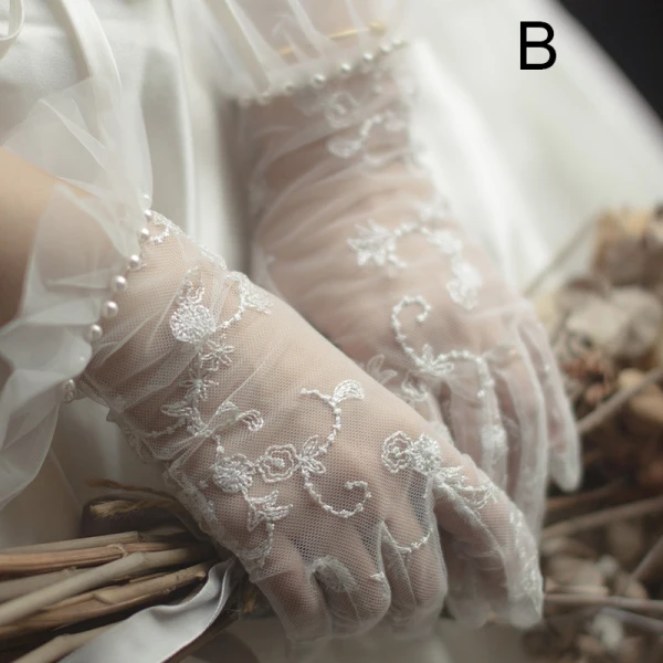 Chic / Belle Blanche Gants Mariage 2020 En Dentelle Tulle Fait main Perlage Perle Mariage Accessorize